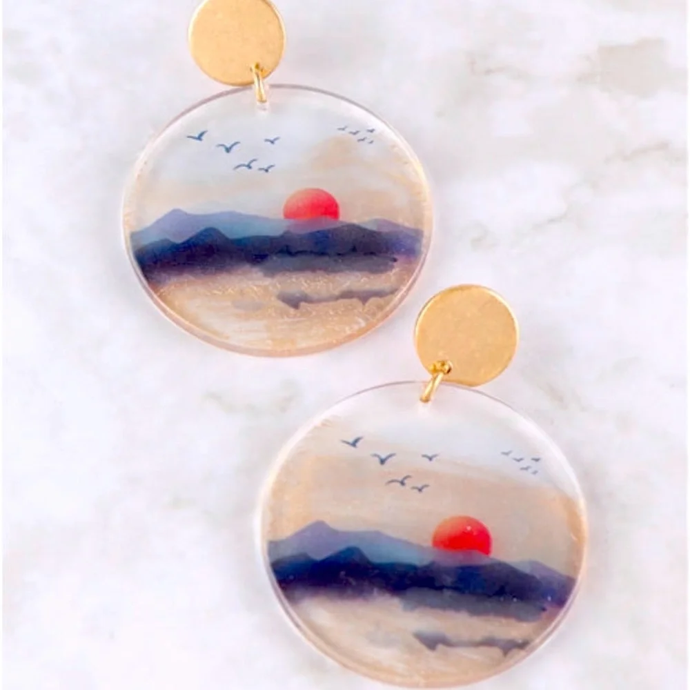Montana Sky Sunrise Watercolor round statement Earrings - Picture 1 of 2
